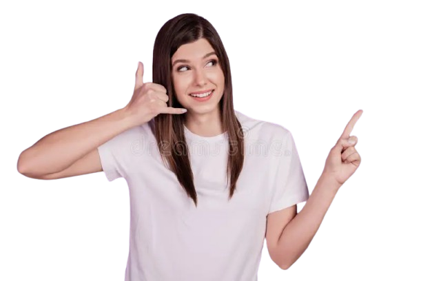 funny young woman isolated violet background point empty space make call phone fingers sign funny young woman isolated 227734114 removebg preview